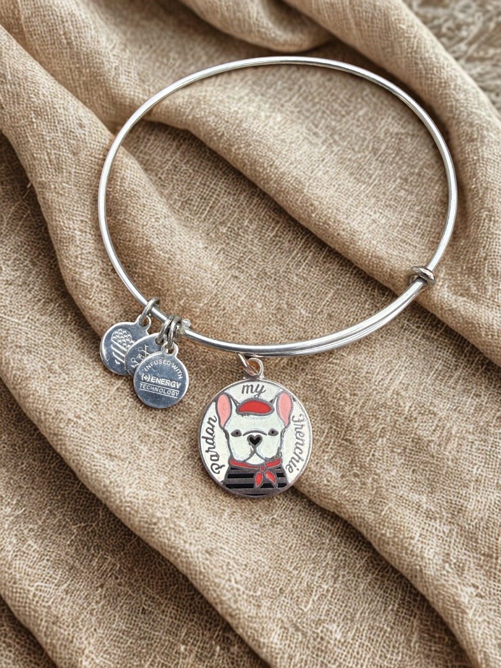 🩶ALEX AND ANI🩶Pardon My Frenchie Color Infusion Charm Bangle in Shiny Silver/EUC